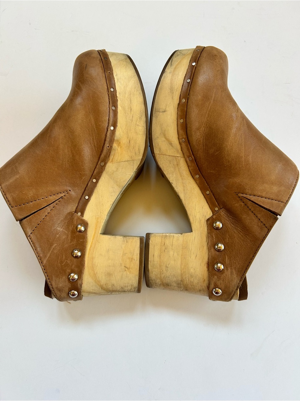 Chelsea & Violet Cognac Brown Leather Platform Clogs with Stud Accents